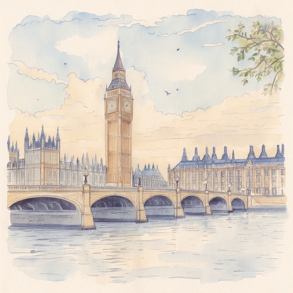 Big Ben at Twilight in Watercolor style