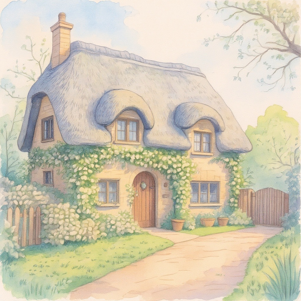 Cotswold Cottage in Watercolor style