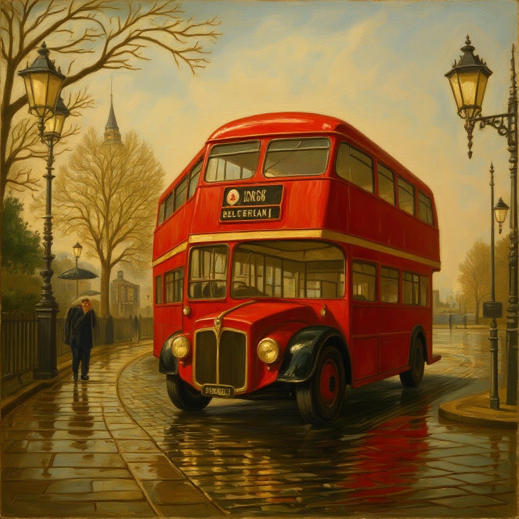 London Bus in the Rain in Classical style