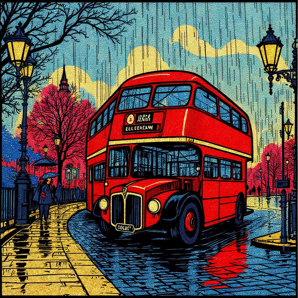 London Bus in the Rain in Comic style