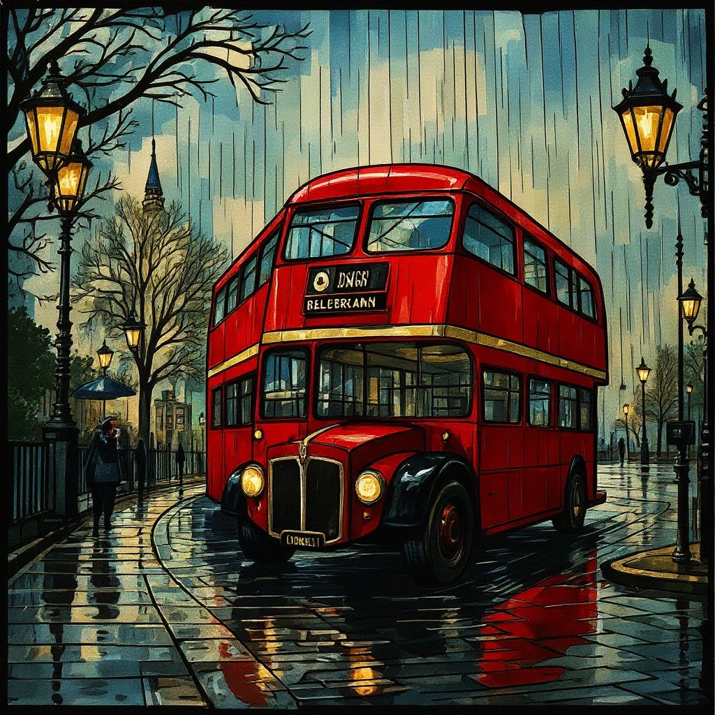 London Bus in the Rain in Mosaic style