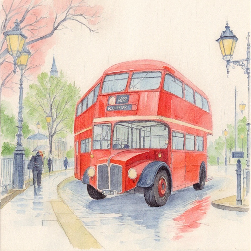 London Bus in the Rain in Watercolor style