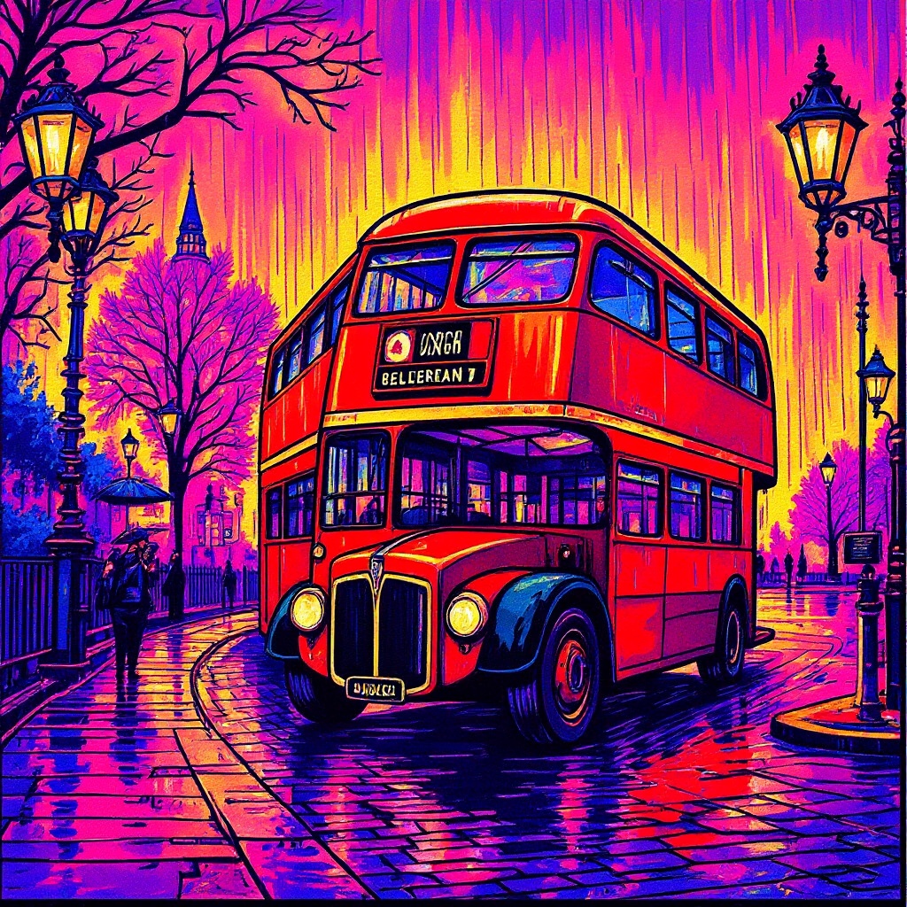 London Bus in the Rain in Wild style