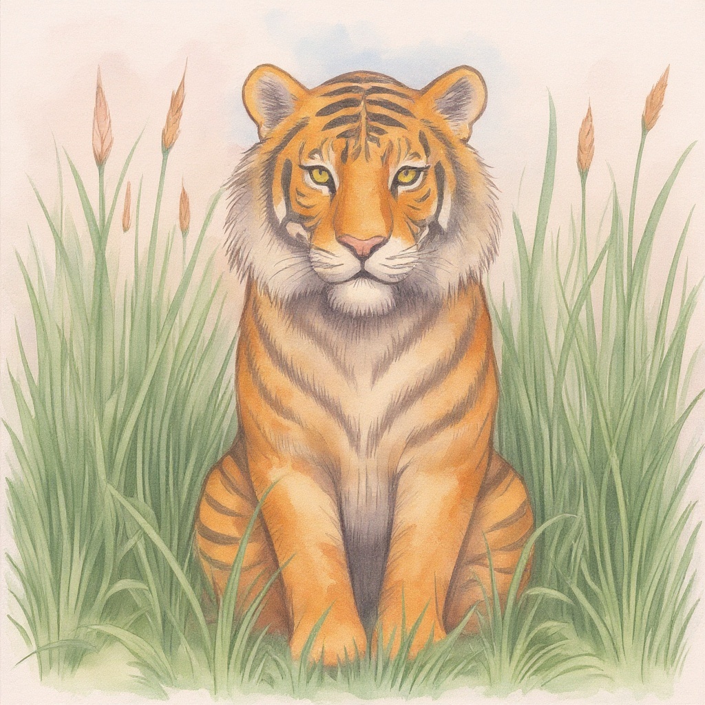 Tiger in the Grass in Watercolor style