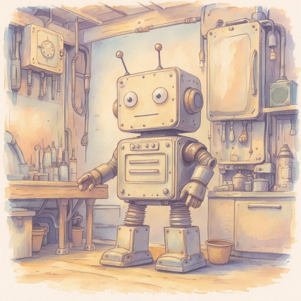 Robot in the Garage in Watercolor style